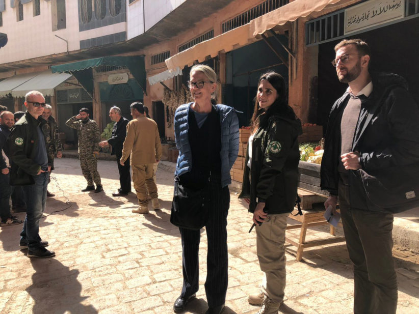 Chargée d’affaires Yngvild Berggrav and First Secretary Aslak Heldal tours newly rehabilitated market alley with NTS team leader Maria Naal