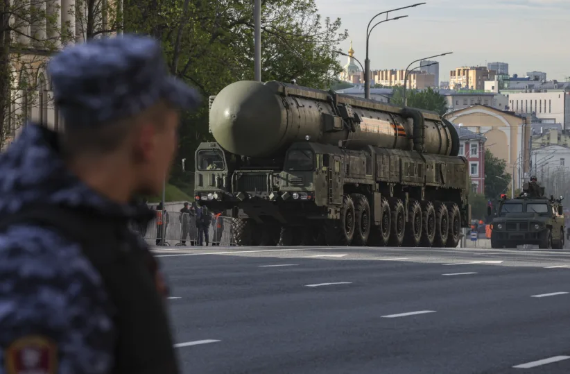 A Russian Yars intercontinental ballistic missile launcher is photographed on 7 May 2025 while driving in downtown Moscow during preparations for the general rehearsal of the annual military parade ahead of Victory Day celebrations in Red Square two days later.