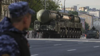 A Russian Yars intercontinental ballistic missile launcher is photographed on 7 May 2025 while driving in downtown Moscow during preparations for the general rehearsal of the annual military parade ahead of Victory Day celebrations in Red Square two days later.