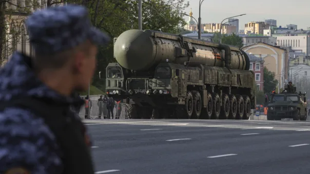 A Russian Yars intercontinental ballistic missile launcher is photographed on 7 May 2025 while driving in downtown Moscow during preparations for the general rehearsal of the annual military parade ahead of Victory Day celebrations in Red Square two days later.
